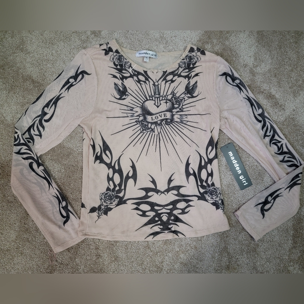 Madden Girl Sheer Graphic Barbwire Long Sleeve Juniors Top Xl